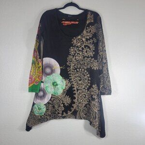 Desigual Long Sleeve Graphic Dress Large 90s Embroidered Floral Indie Sleeze